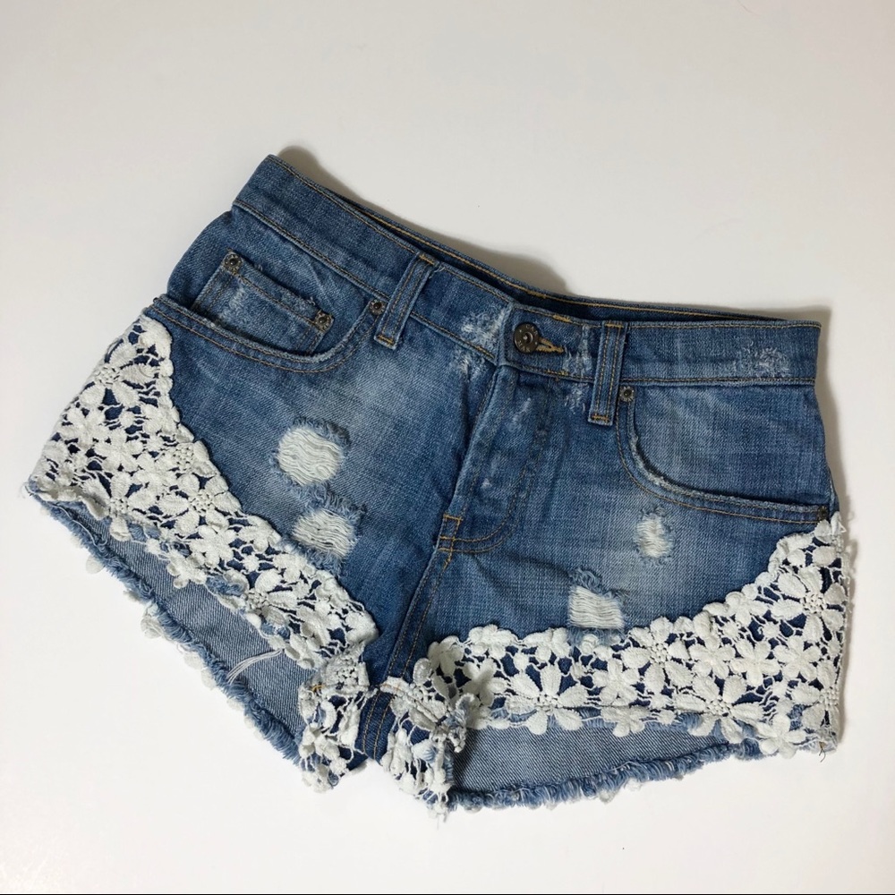 Carmar Floral Crochet Overlay Denim Shorts
